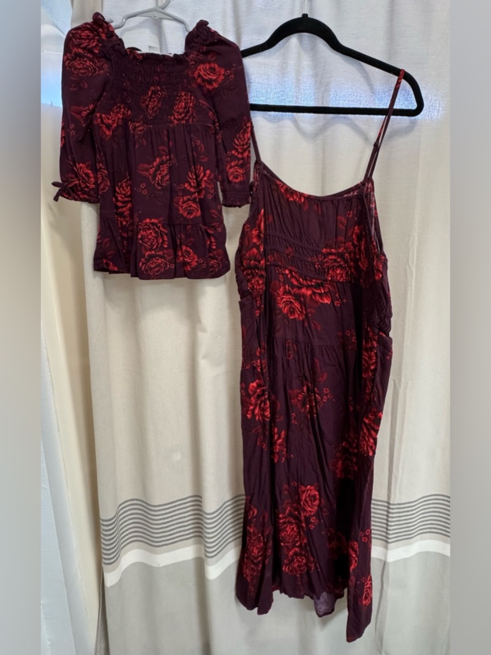 Mommy and me Burgundy Red Floral Maxi Dress with Matching baby dress